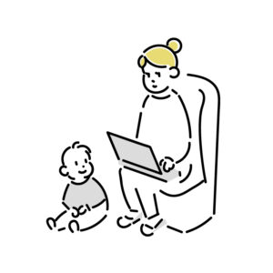 ママがイスに座ってパソコンを操作する横で子供が座っているイラスト